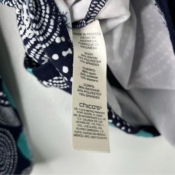 Chico's Weekends Pullover Top Women’s 1 M Blue Teal White Circle Print Pocket - Picture 12 of 13